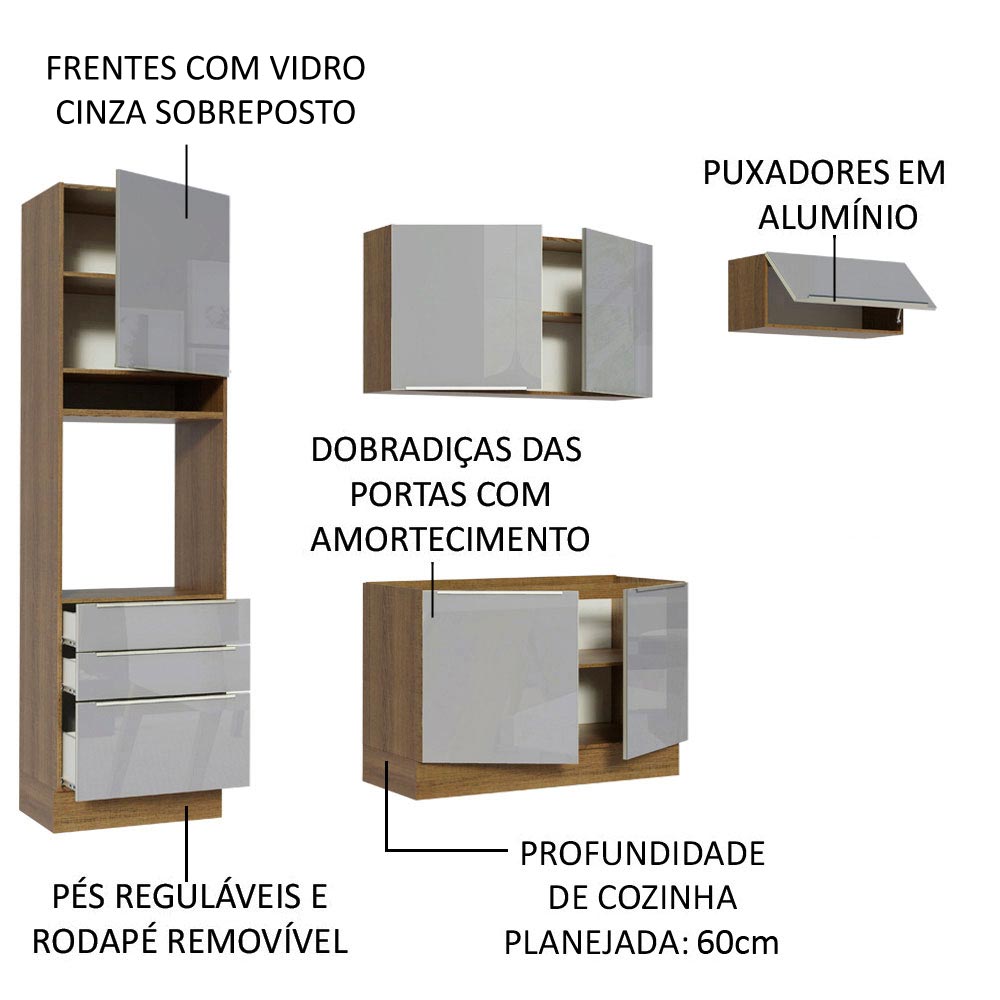 Armário de Cozinha Completa 260cm Rustic/Cinza Lux Madesa 03