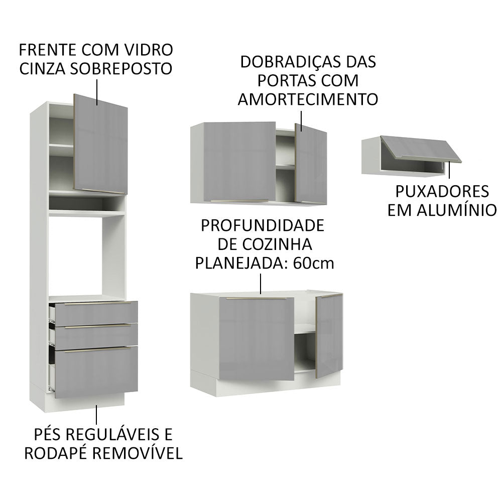 Armário de Cozinha Completa 260cm Branco/Cinza Lux Madesa 03