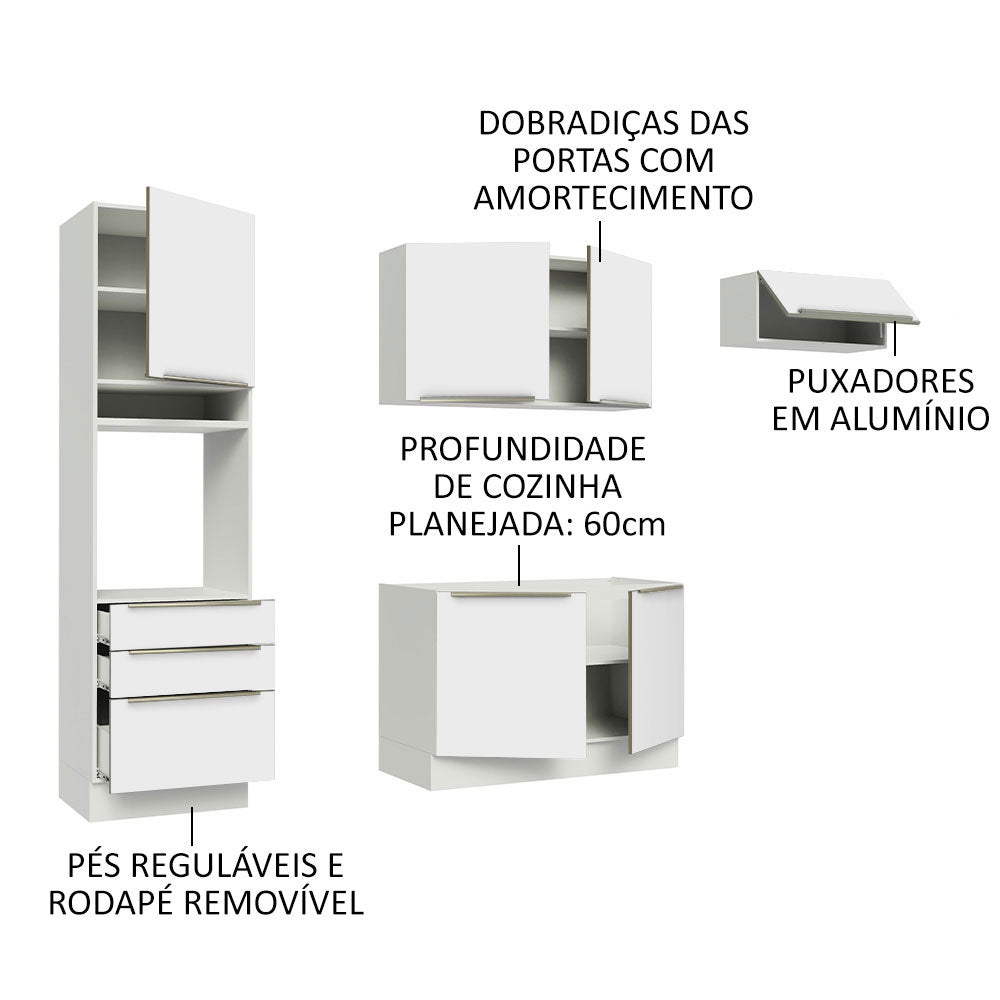 Armário de Cozinha Completa 260 x 60 cm Branco Branco Veludo Lux Madesa 03
