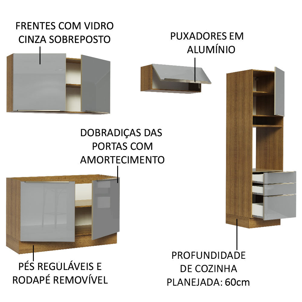 Armário de Cozinha Completa 260 x 60 cm Rustic/Cinza Lux Madesa 05