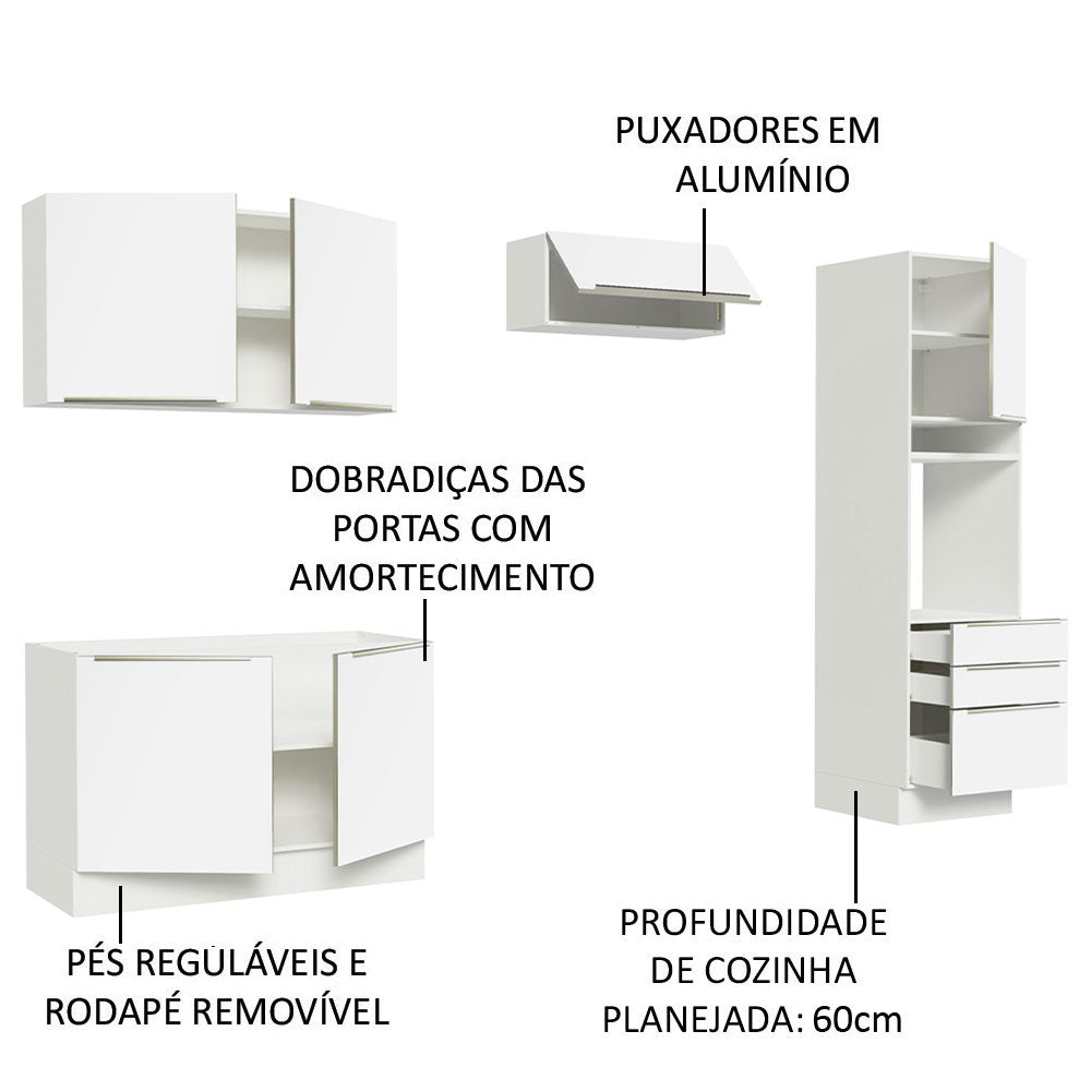 Armário de Cozinha Completa 260 x 60 cm Branco Branco Veludo Lux Madesa 05