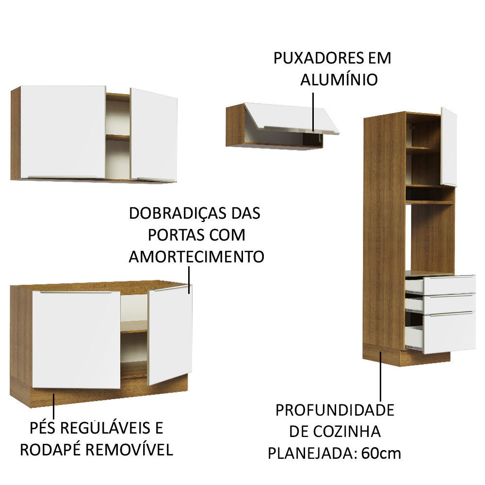 Armário de Cozinha Completa 260 x 60 cm Rustic Branco Veludo Lux Madesa 05