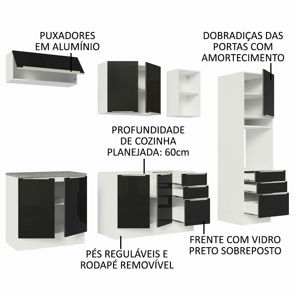 Armário de Cozinha Completa 260 x 60 cm Branco/Preto Lux Madesa 08