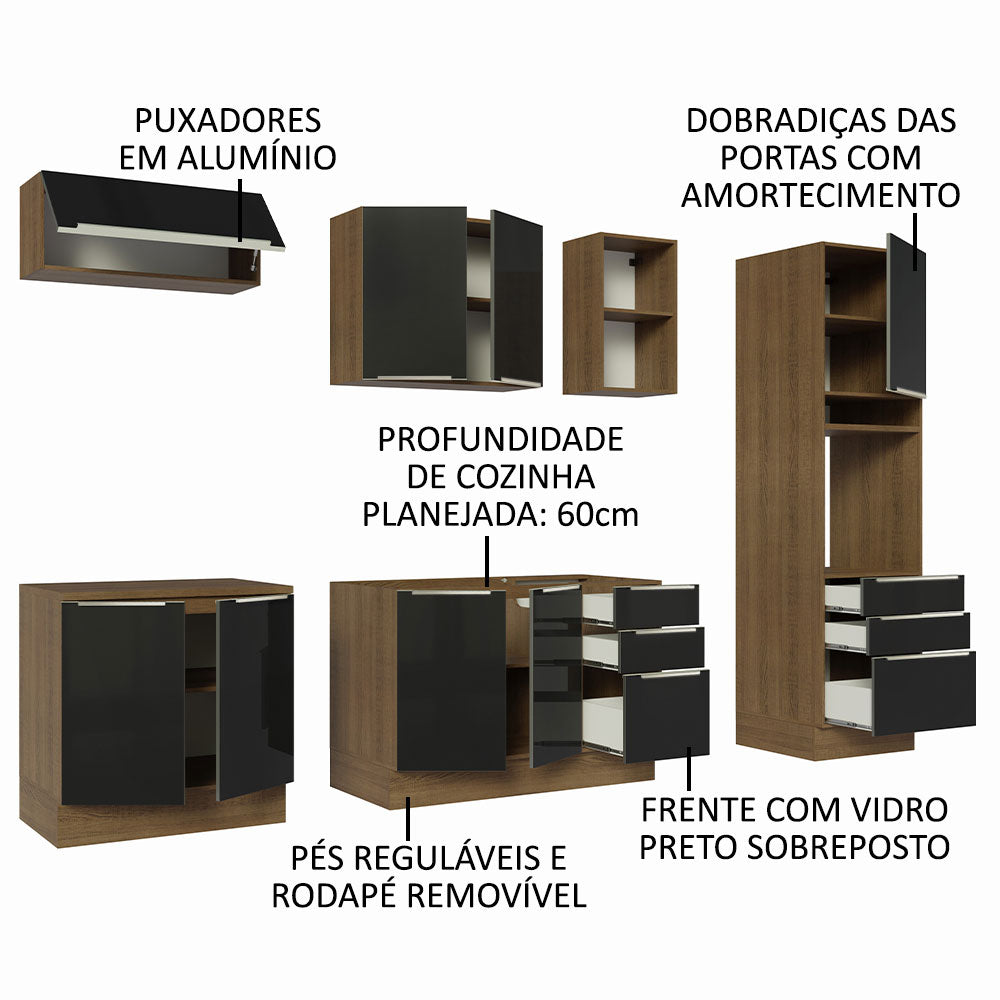 Armário de Cozinha Completa 260cm Rustic/Preto Lux Madesa 08