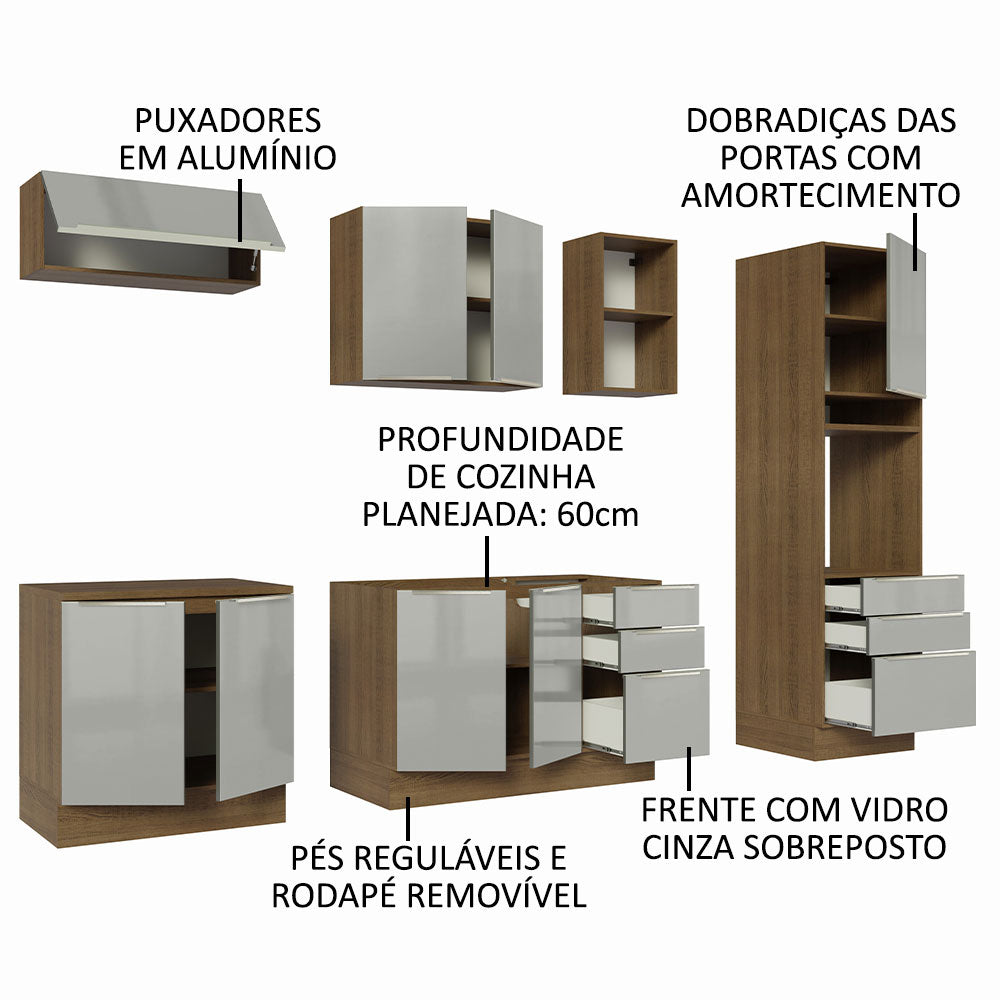 Armário de Cozinha Completa 260 x 60 cm Rustic/Cinza Lux Madesa 08