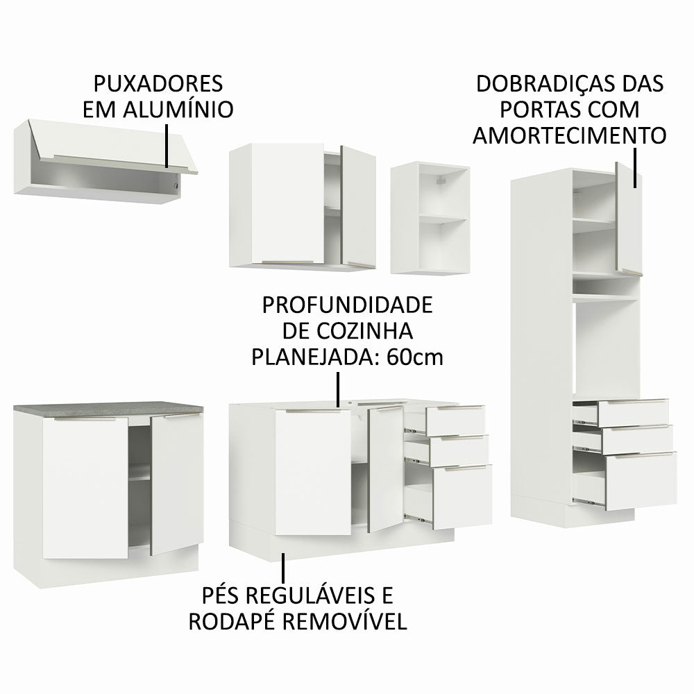 Armário de Cozinha Completa 260 x 60 cm Branco Veludo Lux Madesa 08