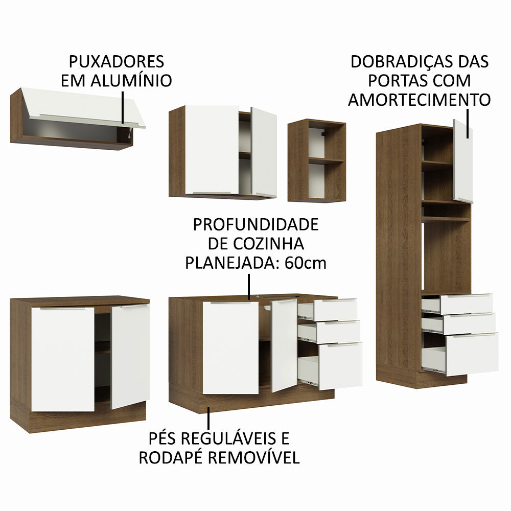 Armário de Cozinha Completa 260cm Rustic/Branco Veludo Lux Madesa 08
