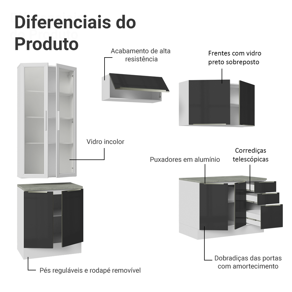 Armário de Cozinha Completa 270 x 60 cm Branco/Preto Lux Madesa 04
