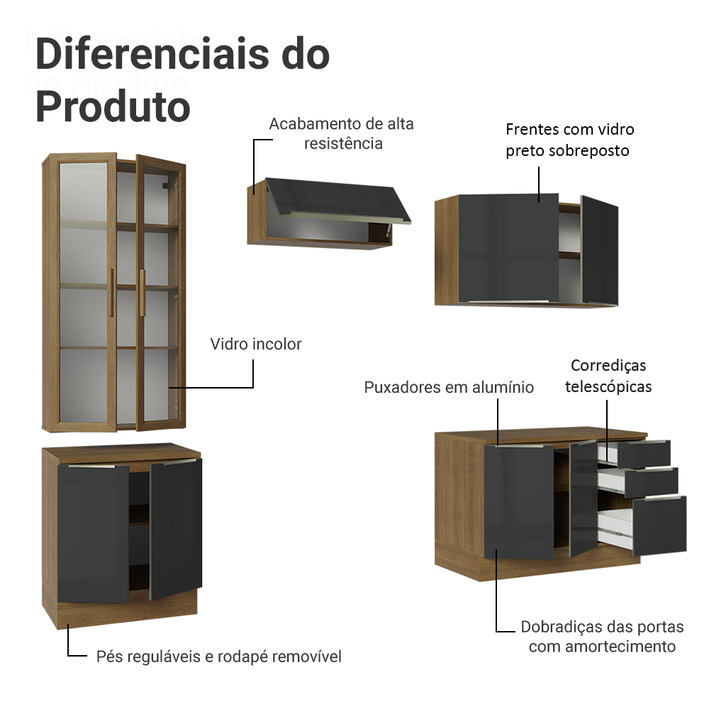 Armário de Cozinha Completa 270 x 60 cm Rustic/Preto Lux Madesa 04