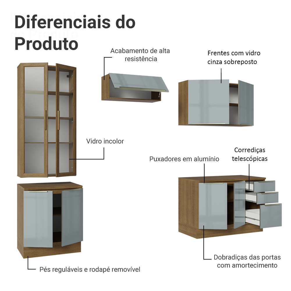 Armário de Cozinha Completa 270 x 60 cm Rustic/Cinza Lux Madesa 04