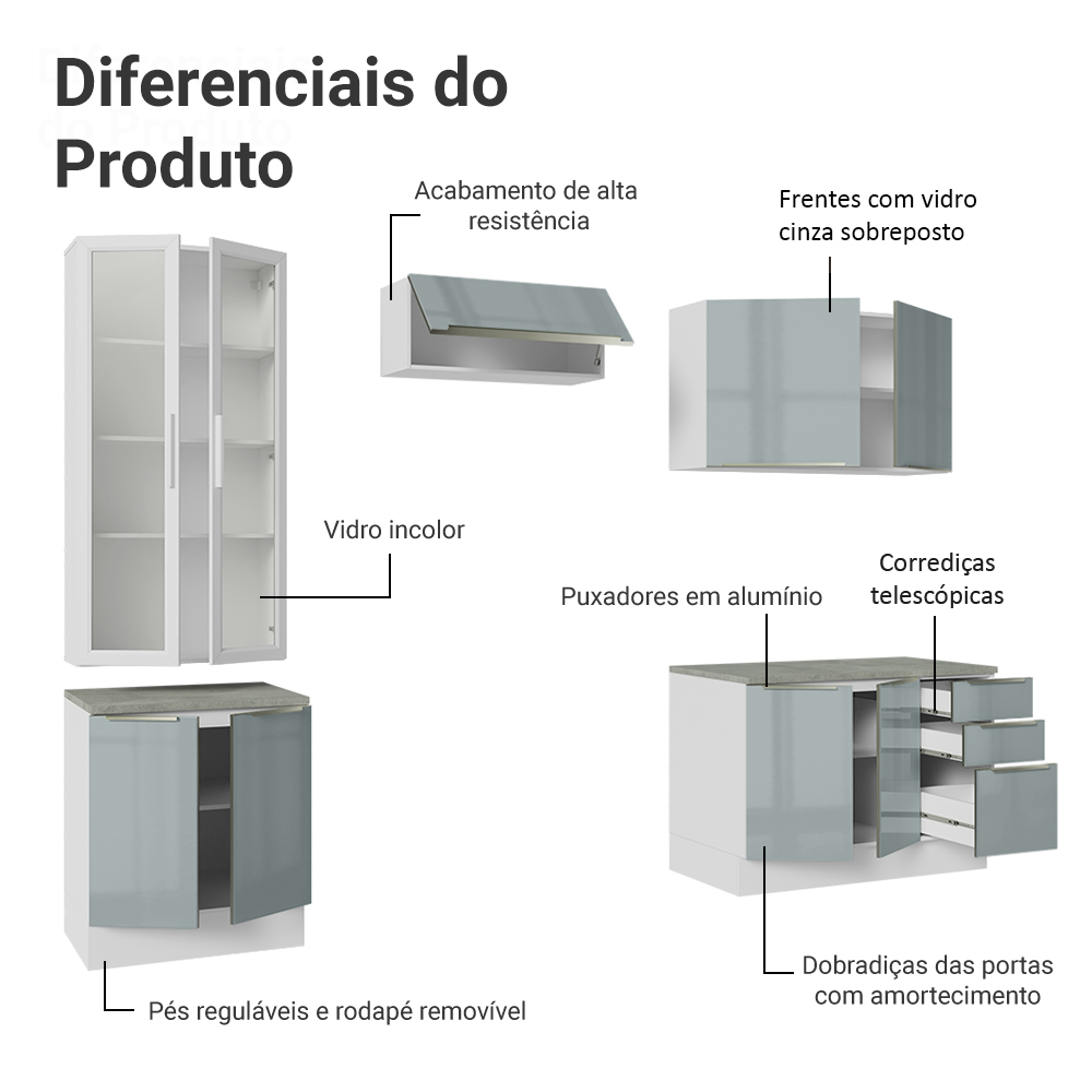 Armário de Cozinha Completa 270 x 60 cm Branco/Cinza Lux Madesa 04