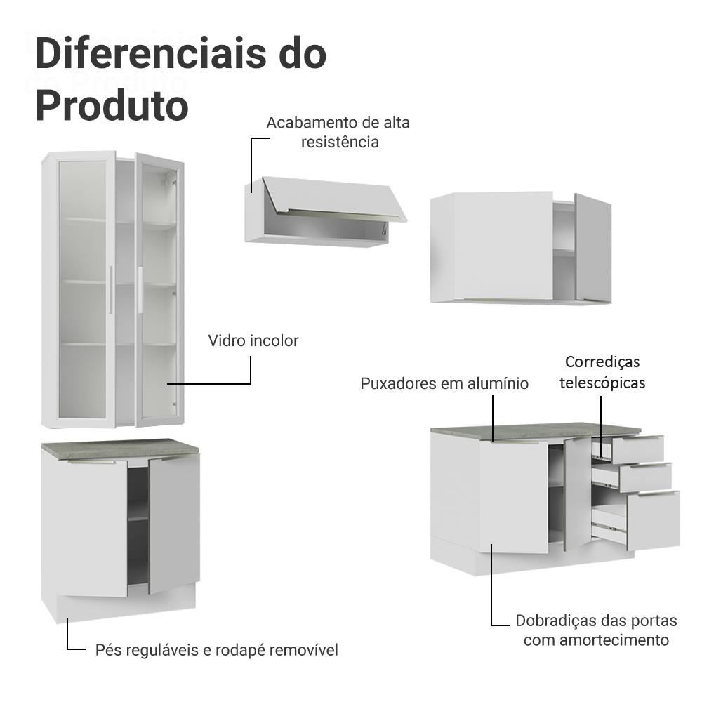 Armário de Cozinha Completa 270 x 60 cm Branco/Branco Veludo Lux Madesa 04