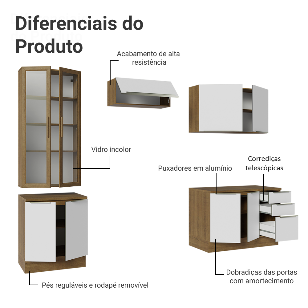 Armário de Cozinha Completa 270 x 60 cm Rustic/Branco Veludo Lux Madesa 04