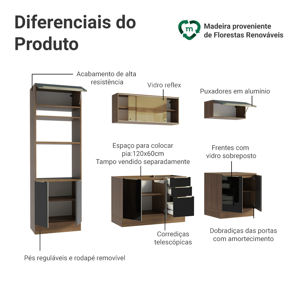 Armário de Cozinha Completa 270 cm Rustic/Preto Lux Madesa 06