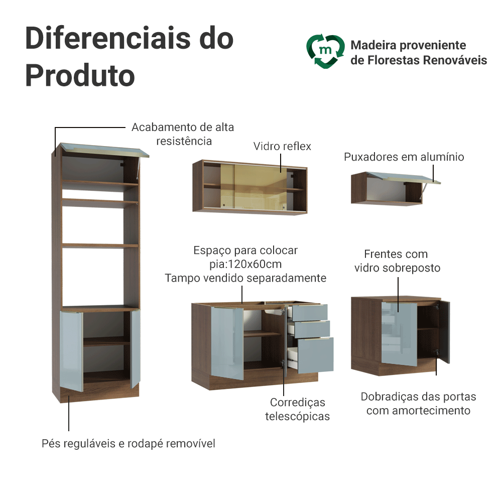 Armário de Cozinha Completa 270 x 60 cm Rustic/Cinza Lux Madesa 06