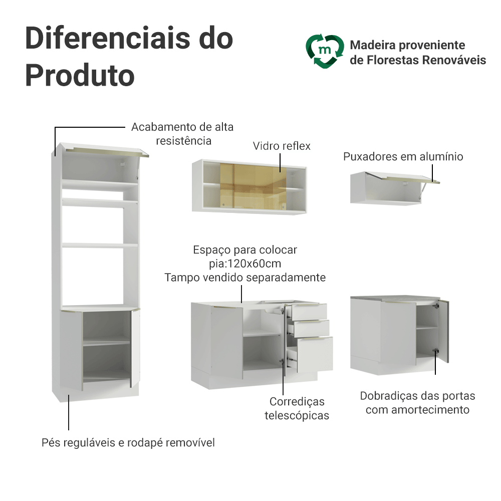 Armário de Cozinha Completa 270 x 60 cm Branco/Branco Veludo Lux Madesa 06