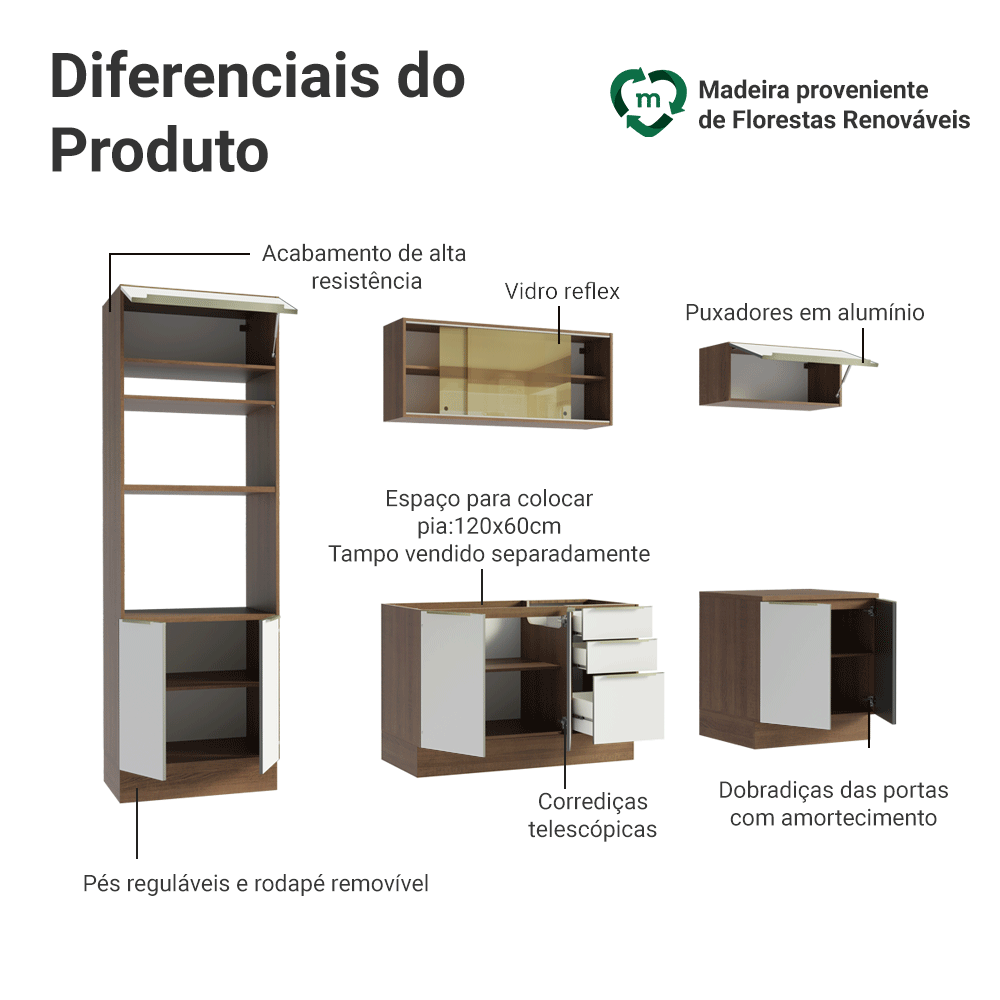 Armário de Cozinha Completa 270 x 60 cm Rustic/Branco Veludo Lux Madesa 06