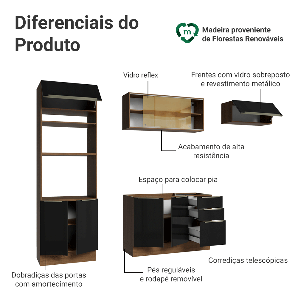 Armário de Cozinha Completa 270 cm Rustic/Preto Lux Madesa 07