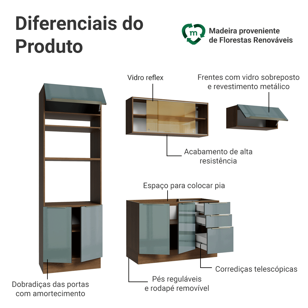 Armário de Cozinha Completa 270 x 60 cm Rustic/Cinza Lux Madesa 08