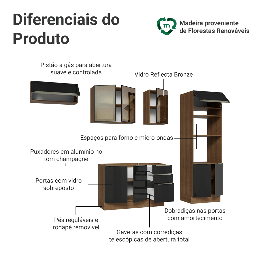 Armário de Cozinha Completa 270 cm Rustic/Preto Lux Madesa 08