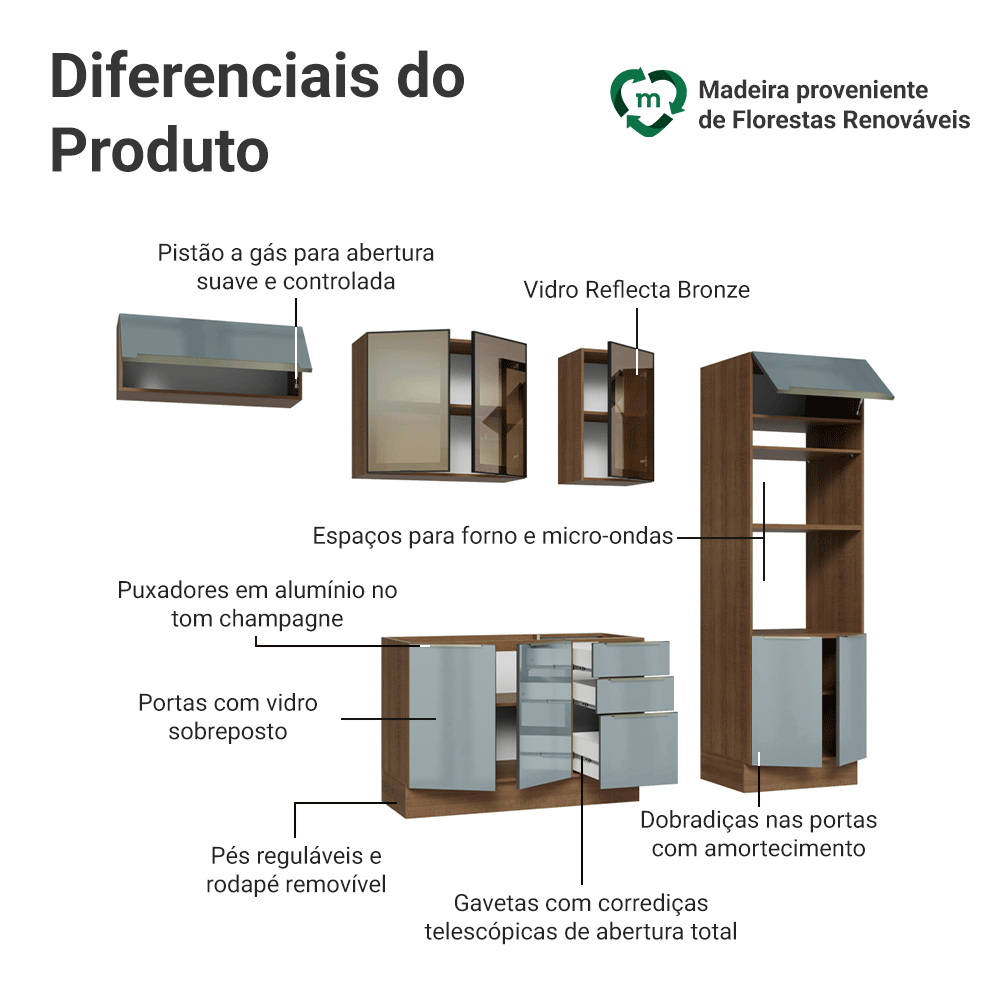 Armário de Cozinha Completa 270 cm Rustic/Cinza Lux Madesa 08