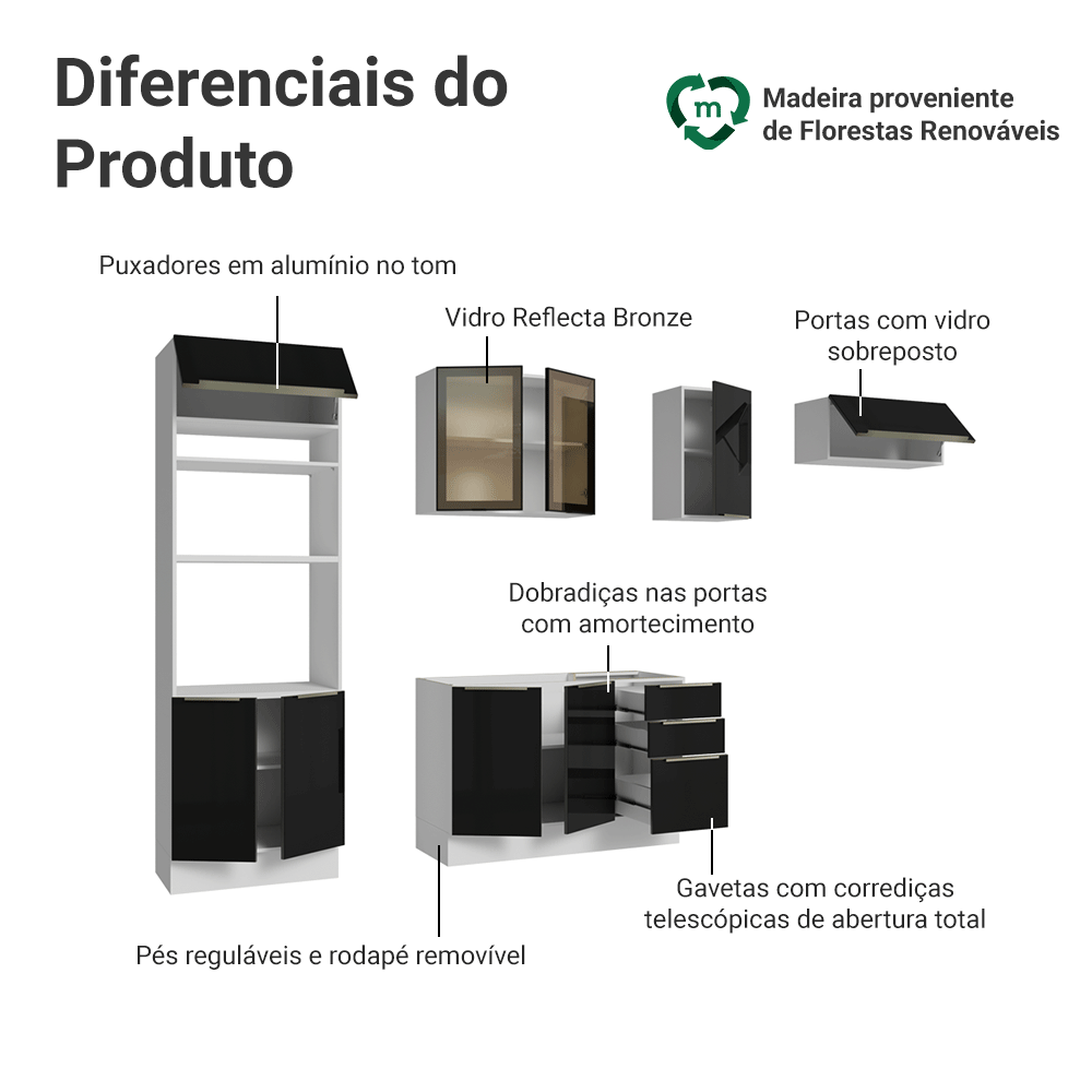 Armário de Cozinha Completa 270 cm Branco/Preto Lux Madesa 10