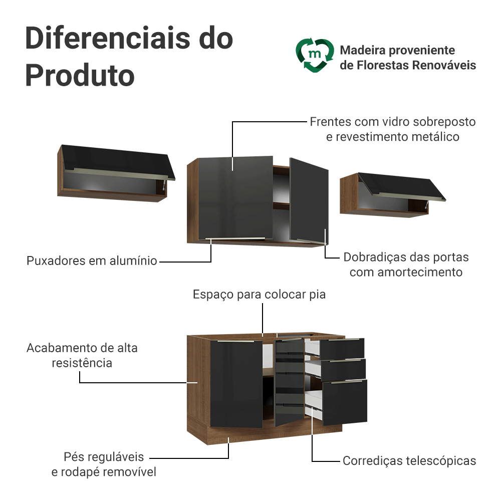 Armário de Cozinha Completa 280 x 60 cm Rustic/Preto Lux Madesa 02