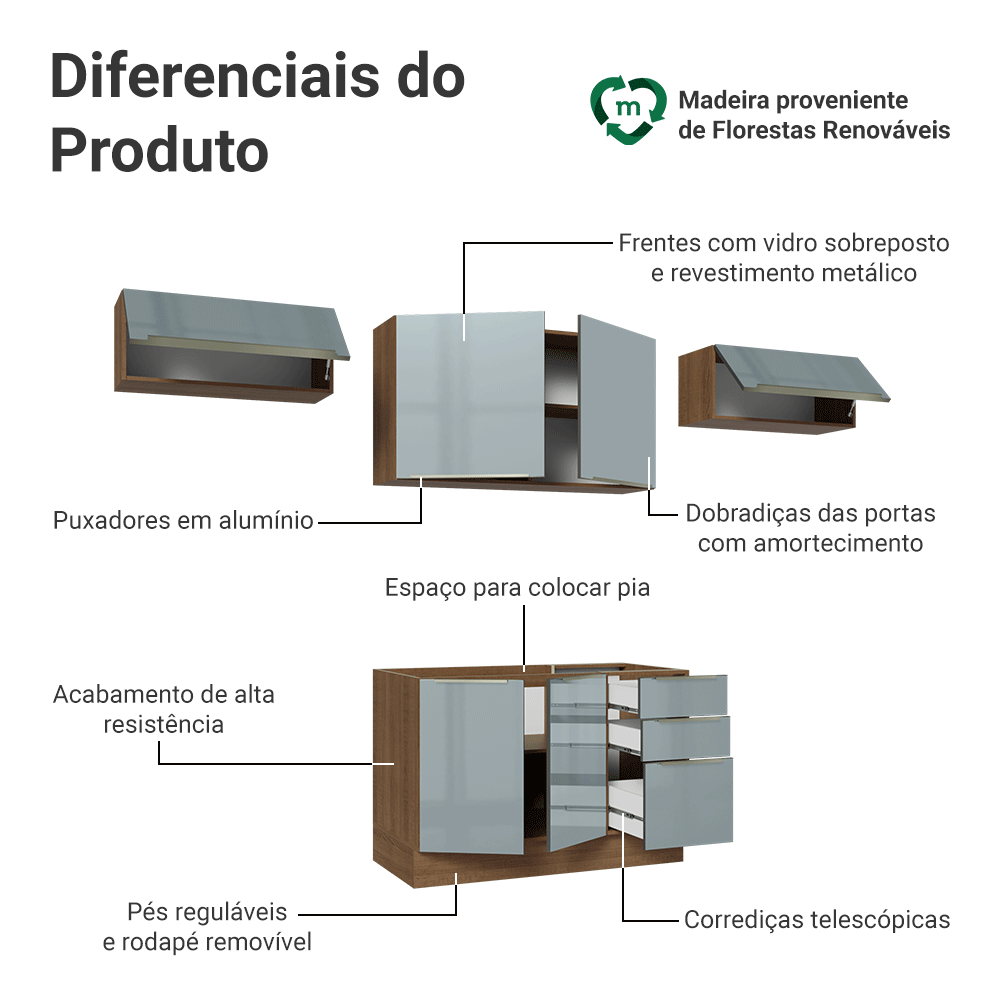 Armário de Cozinha Completa 280 x 60 cm Rustic/Cinza Lux Madesa 02
