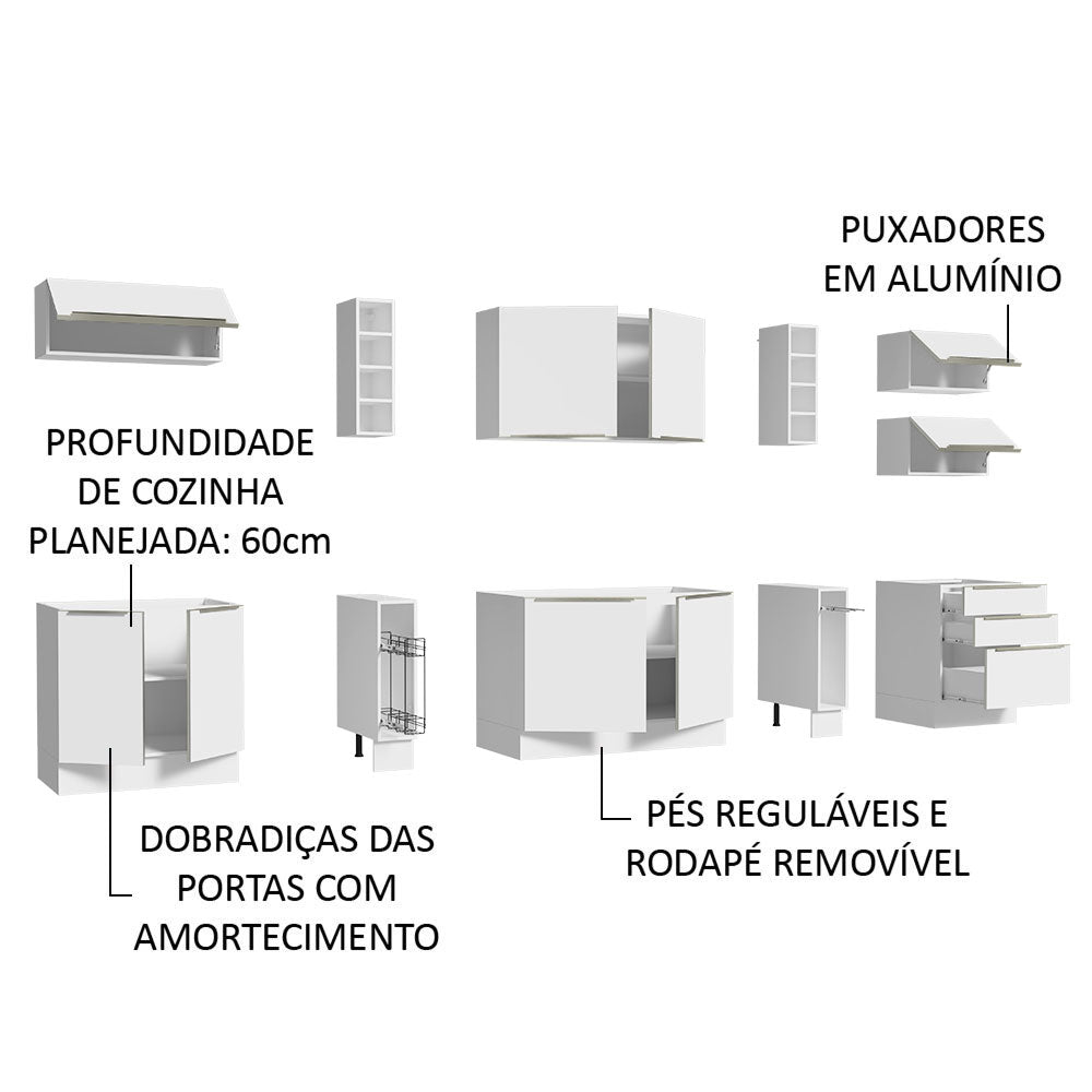 Armário de Cozinha Completa 300 x 60 cm Branco Veludo Lux da Sabrina Madesa