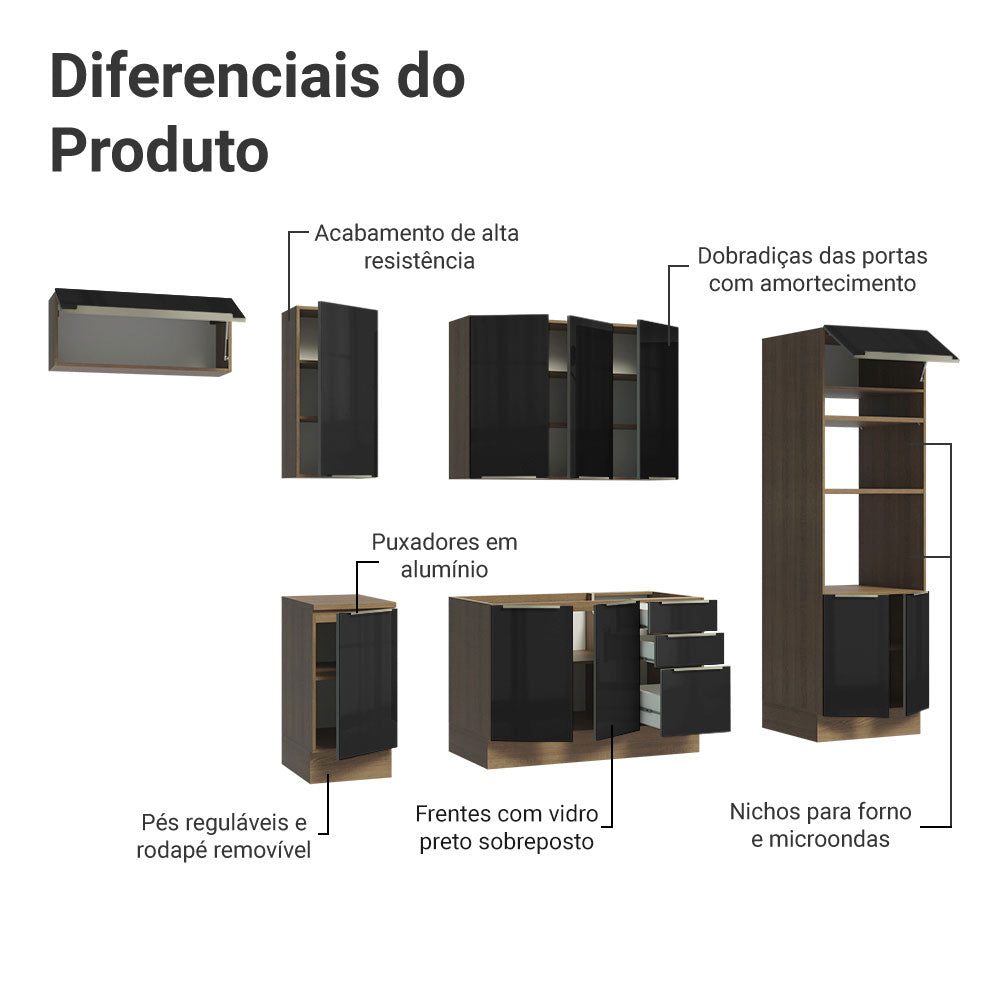 Armário de Cozinha Completa 310cm Rustic/Preto Lux Madesa 01