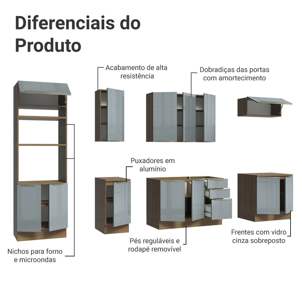 Armário de Cozinha Completa 310 x 60 cm Rustic/Cinza Lux Madesa 02