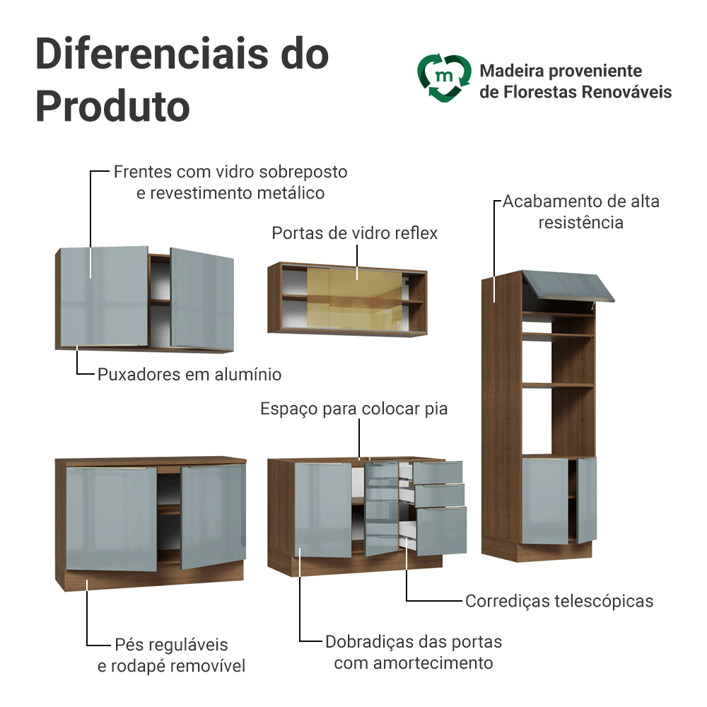 Armário de Cozinha Completa 310 x 60 cm Rustic/Cinza Lux Madesa 04