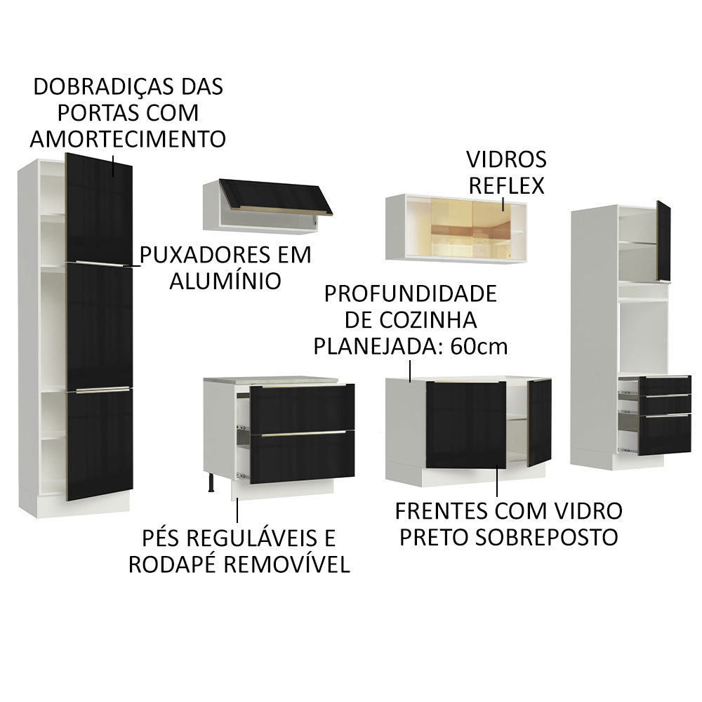 Armário de Cozinha Completa 320cm Branco/Preto Lux Madesa 01