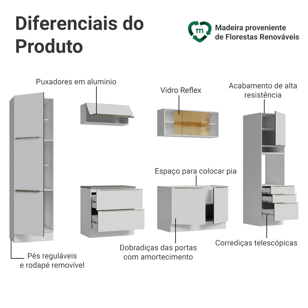 Armário de Cozinha Completa 320 x 60 cm Branco Branco Veludo Lux Madesa 01