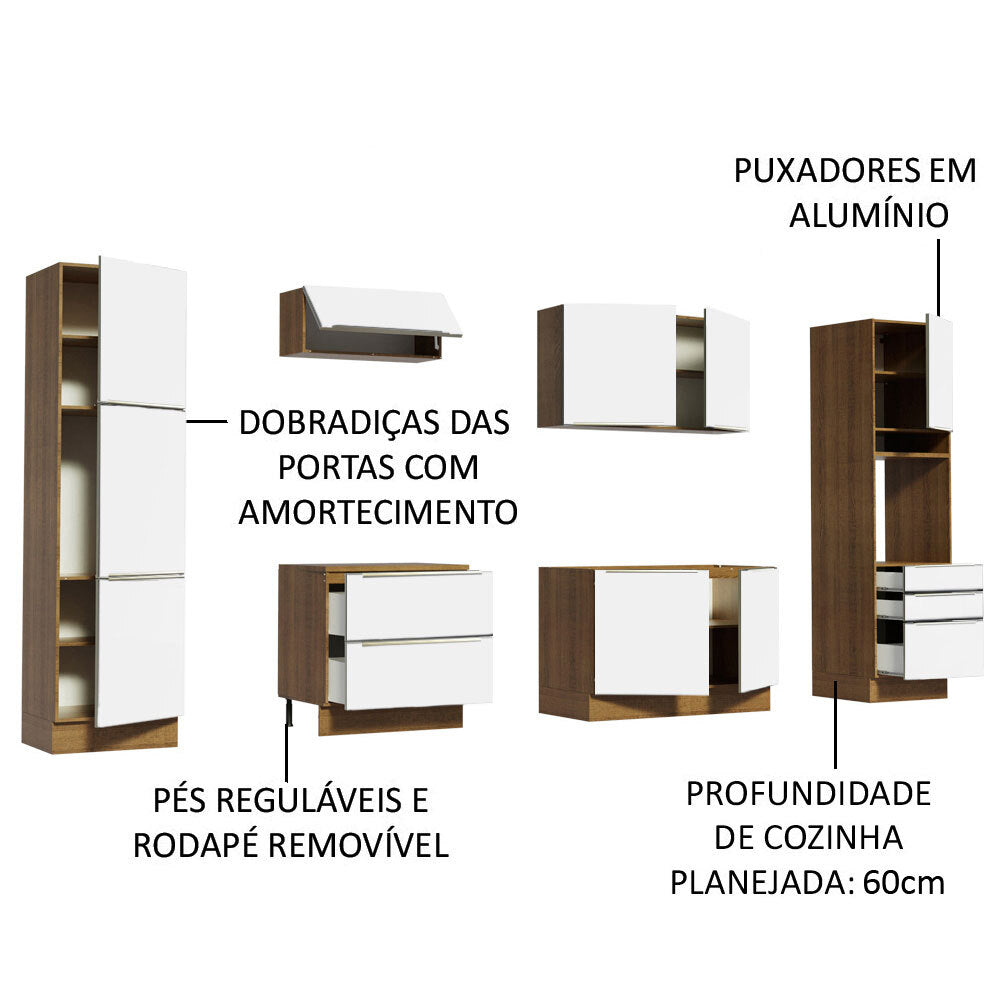 Armário de Cozinha Completa 320 x 60 cm Rustic Branco Veludo Lux Madesa 03