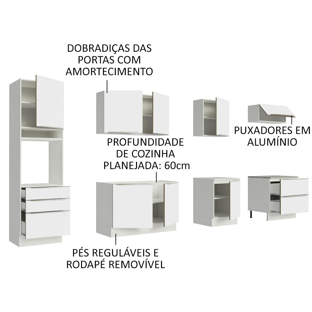 Armário de Cozinha Planejada 320cm Branco Branco Veludo Lux Madesa 04