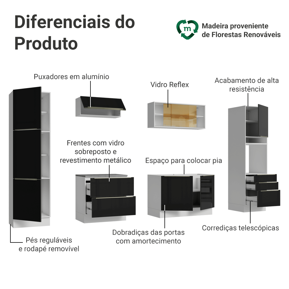 Armário de Cozinha Completa 320 cm Branco/Preto Lux Madesa 08