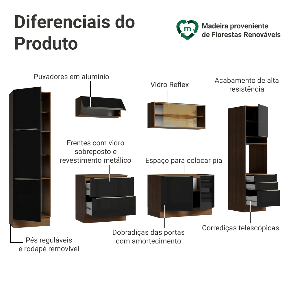 Armário de Cozinha Completa 320 cm Rustic/Preto Lux Madesa 08