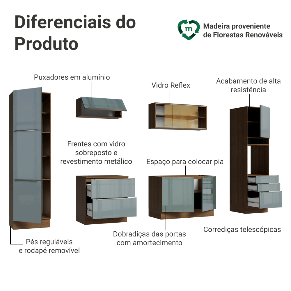 Armário de Cozinha Completa 320 cm Rustic/Cinza Lux Madesa 08