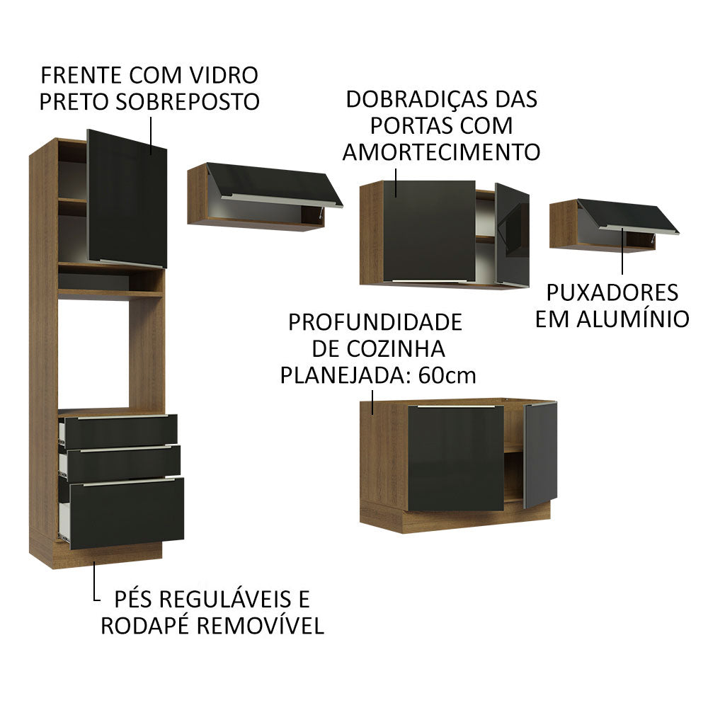 Armário de Cozinha Completa 340 x 60 cm Rustic/Preto Lux Madesa 01