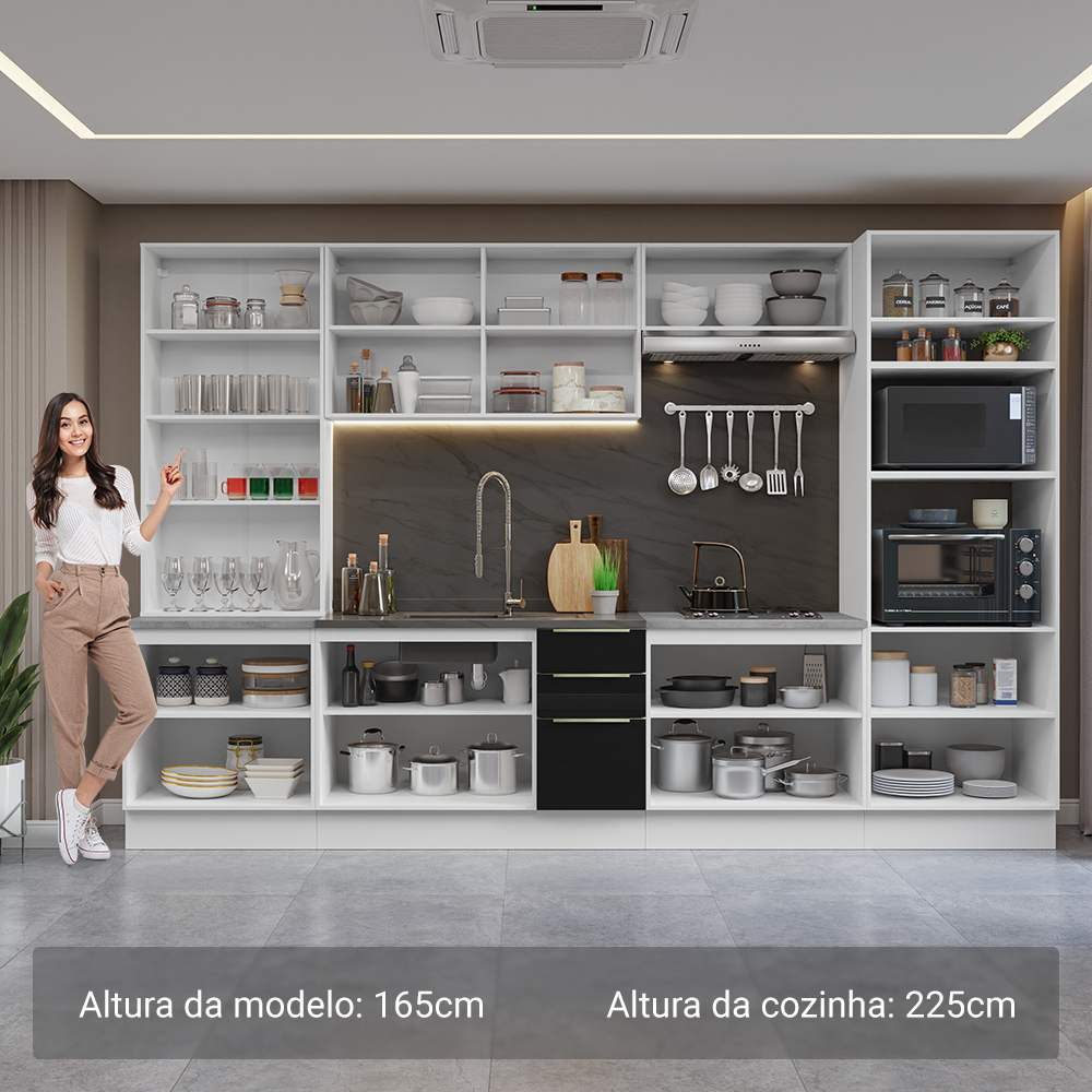 Armário de Cozinha Completa 340 x 60 cm Branco/Preto Lux Madesa 02