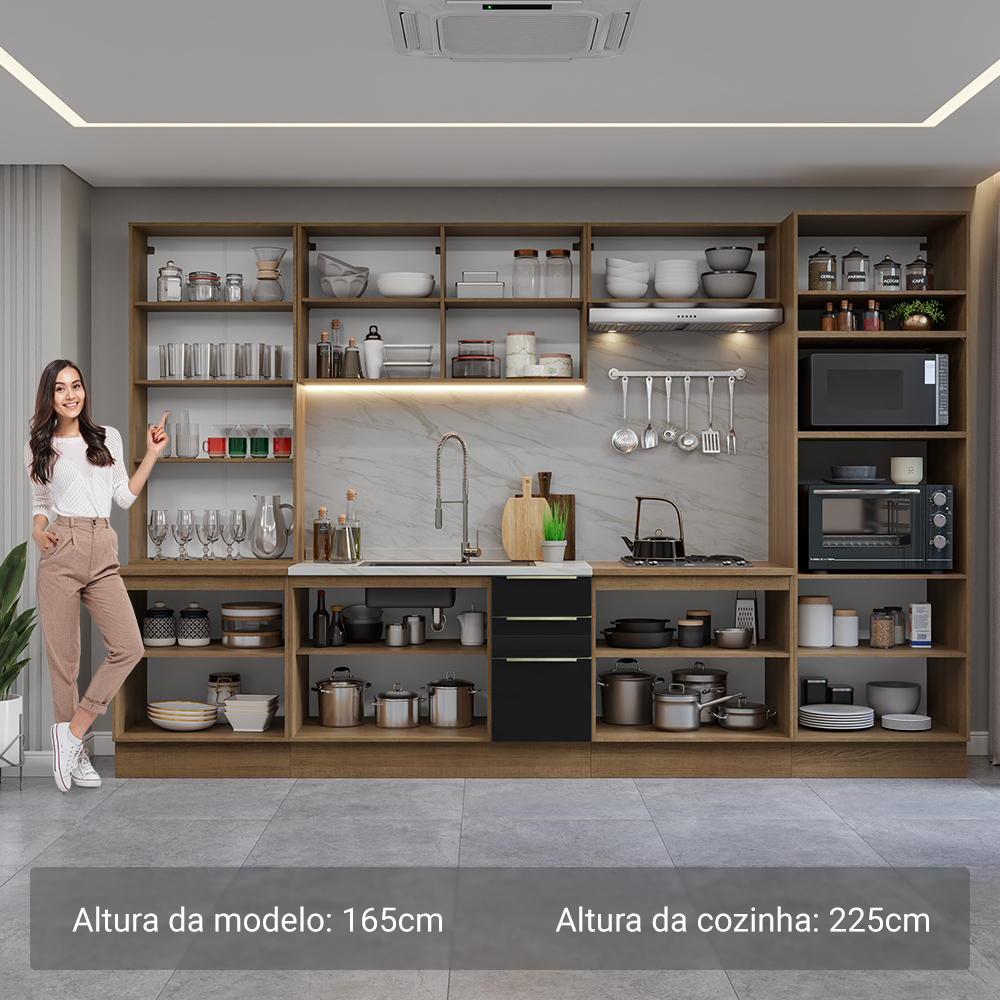 Armário de Cozinha Completa 340 x 60 cm Rustic/Preto Lux Madesa 02