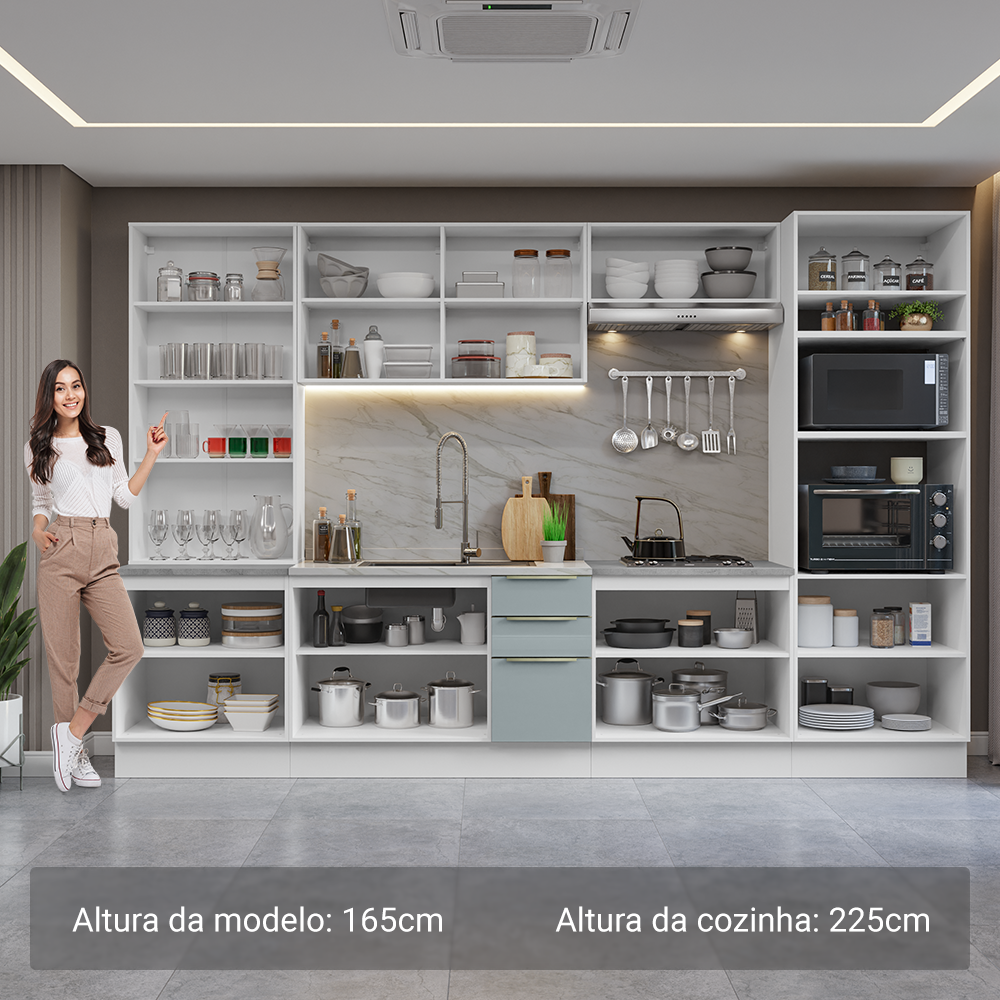 Armário de Cozinha Completa 340 x 60 cm Branco/Cinza Lux Madesa 02