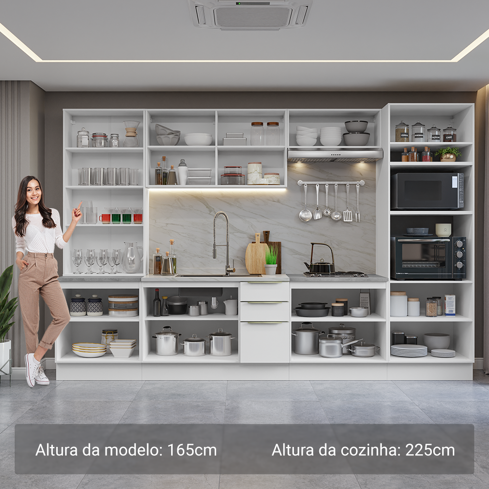 Armário de Cozinha Completa 340 x 60 cm Branco/Branco Veludo Lux Madesa 02
