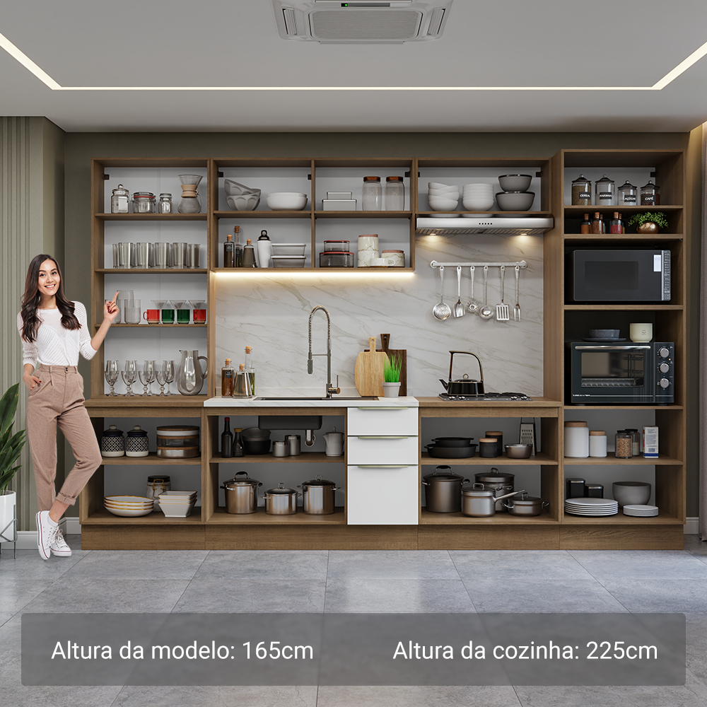 Armário de Cozinha Completa 340 x 60 cm Rustic/Branco Veludo Lux Madesa 02