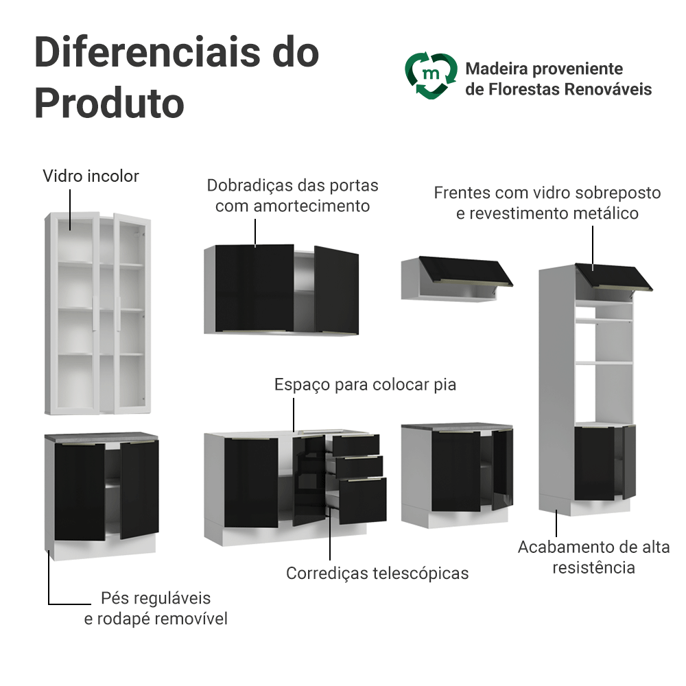 Armário de Cozinha Completa 340 cm Branco/Preto Lux Madesa 03