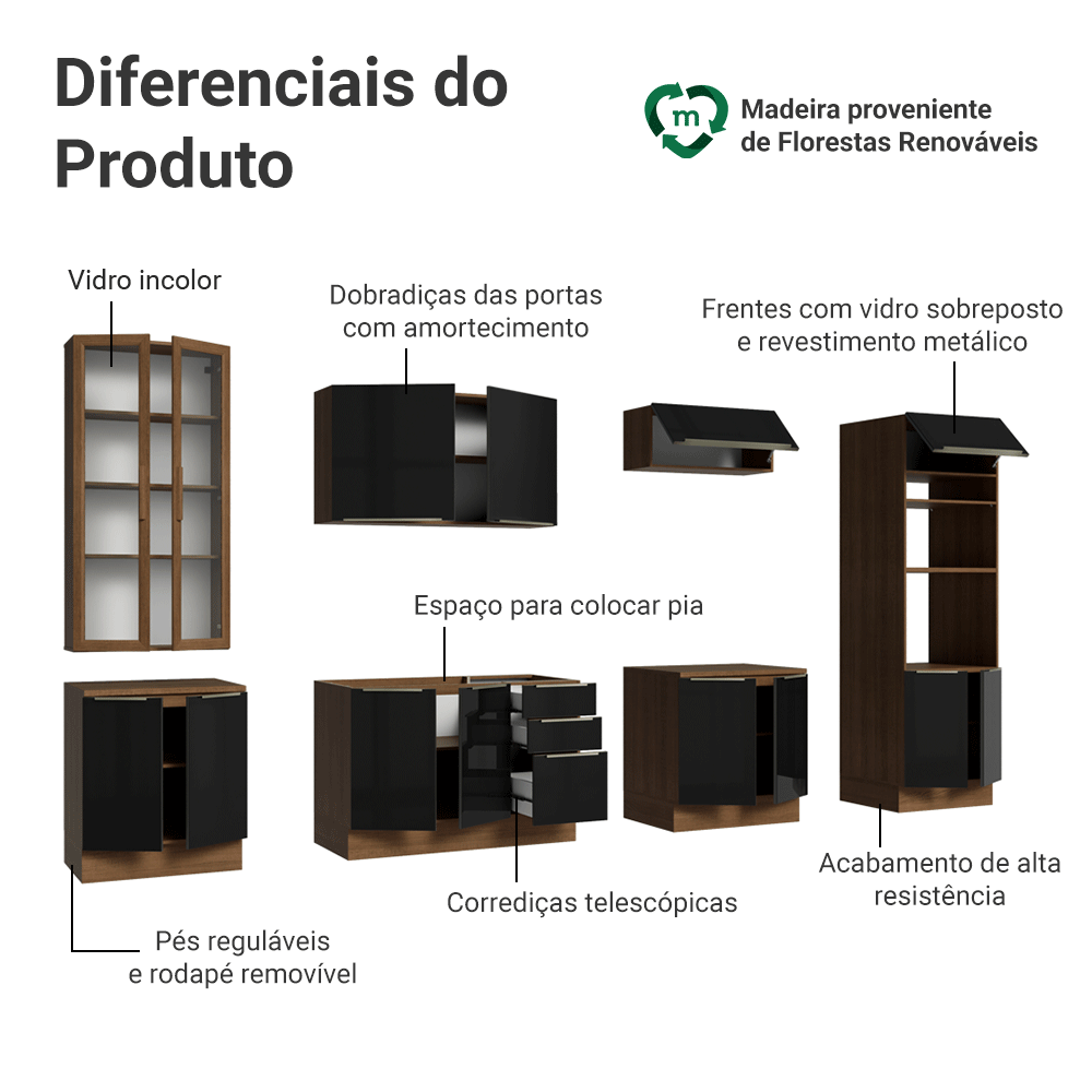Armário de Cozinha Completa 340 x 60 cm Rustic/Preto Lux Madesa 04
