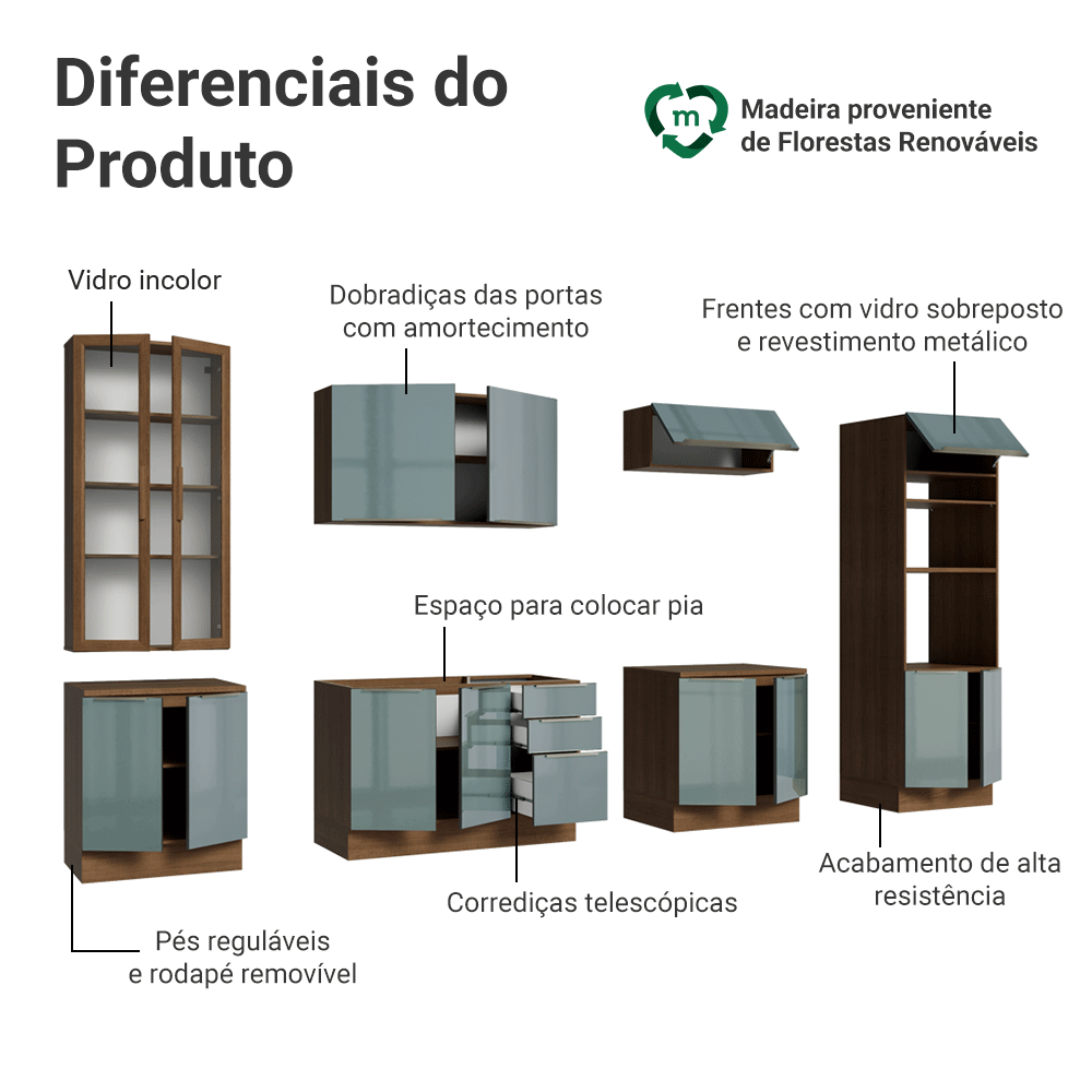 Armário de Cozinha Completa 340 x 60 cm Rustic/Cinza Lux Madesa 04