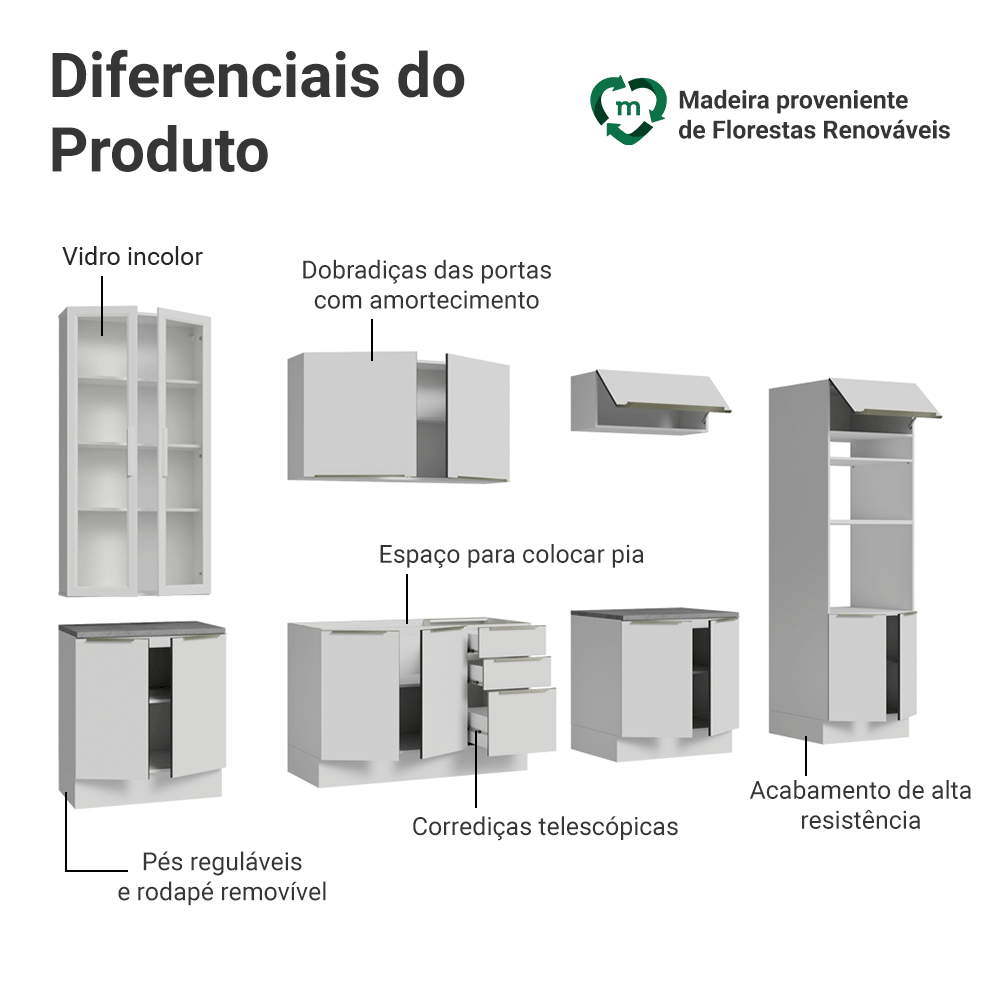 Armário de Cozinha Completa 340 x 60 cm Branco/Branco Veludo Lux Madesa 04