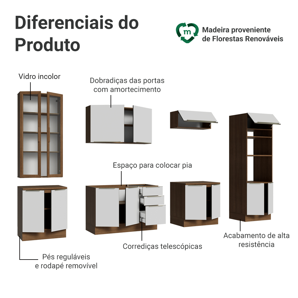 Armário de Cozinha Completa 340 x 60 cm Rustic/Branco Veludo Lux Madesa 04